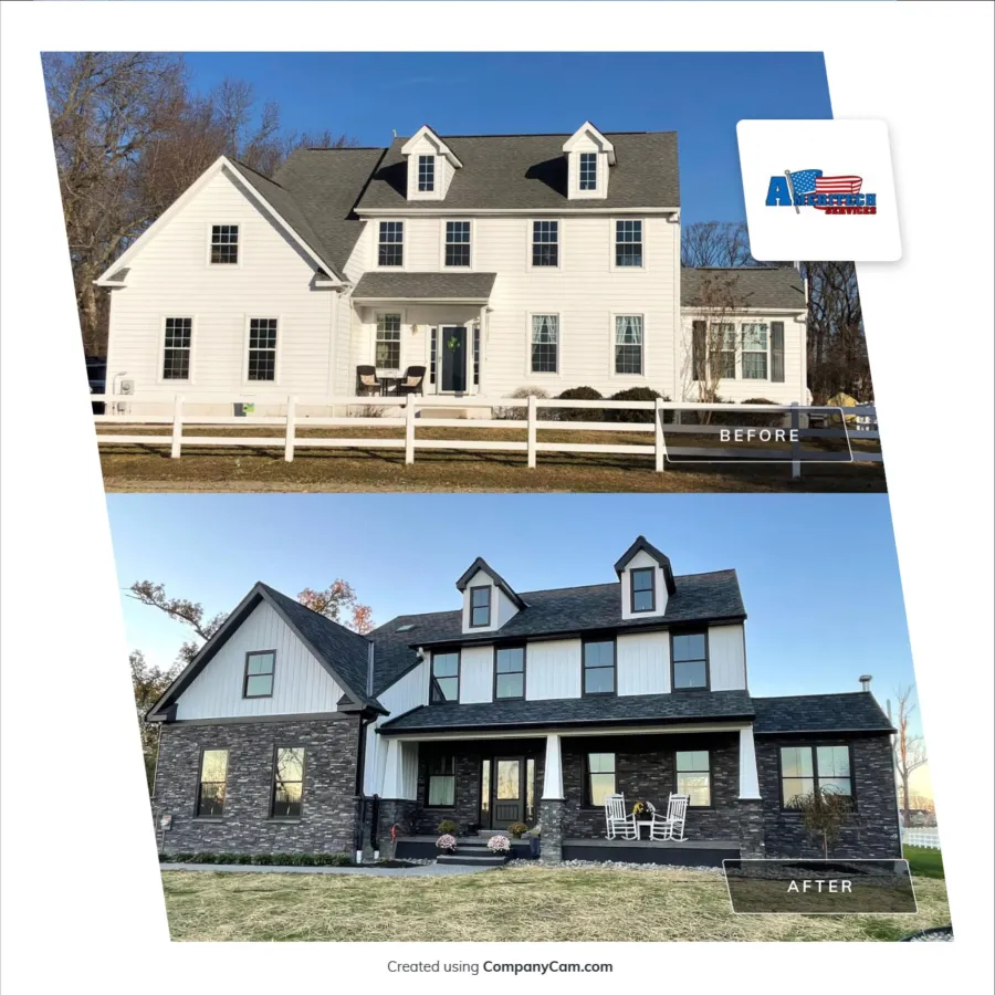 new roof replacement complete exterior remodel new windows new white vertical siding new entry door single with two side panels new porch stone mullica hill new jersey